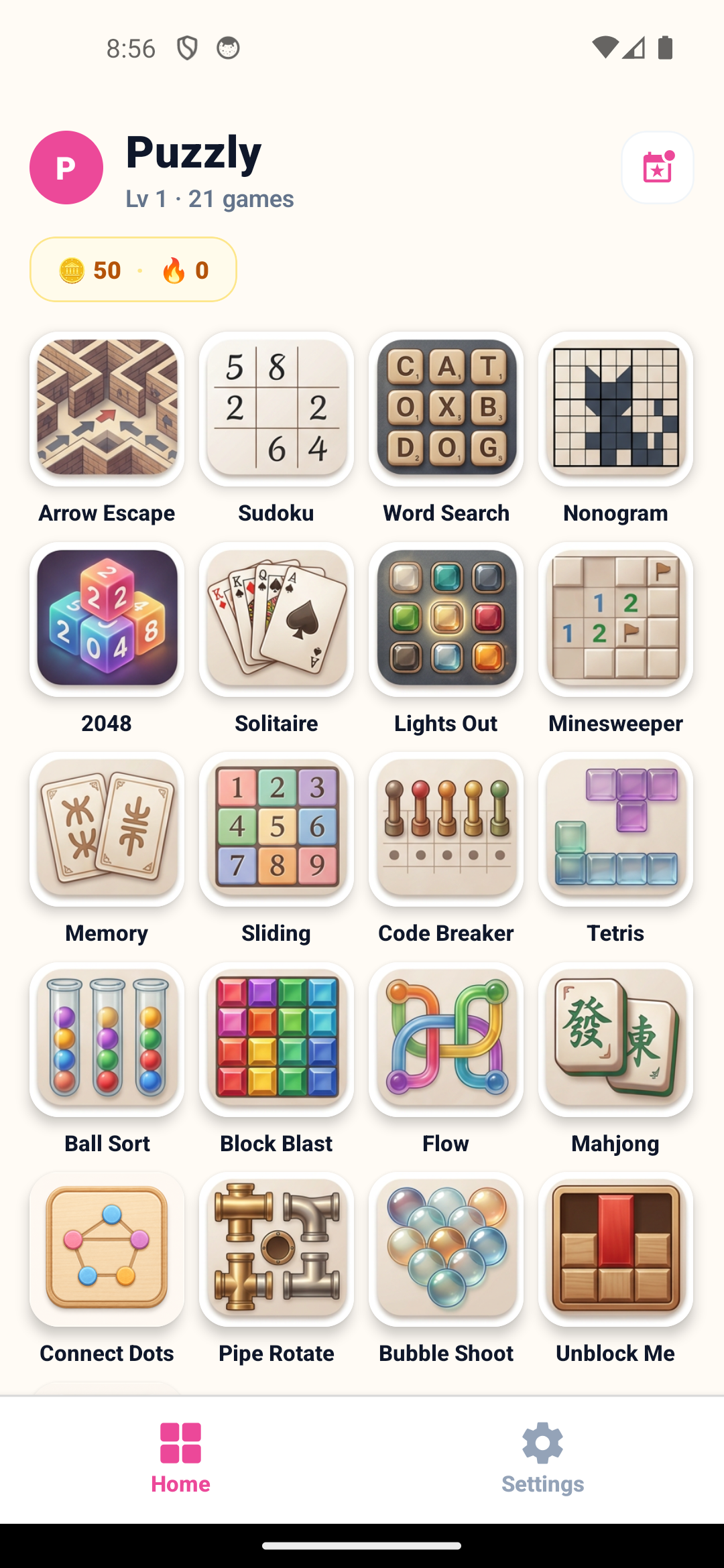 Puzzly home screen with 35 games